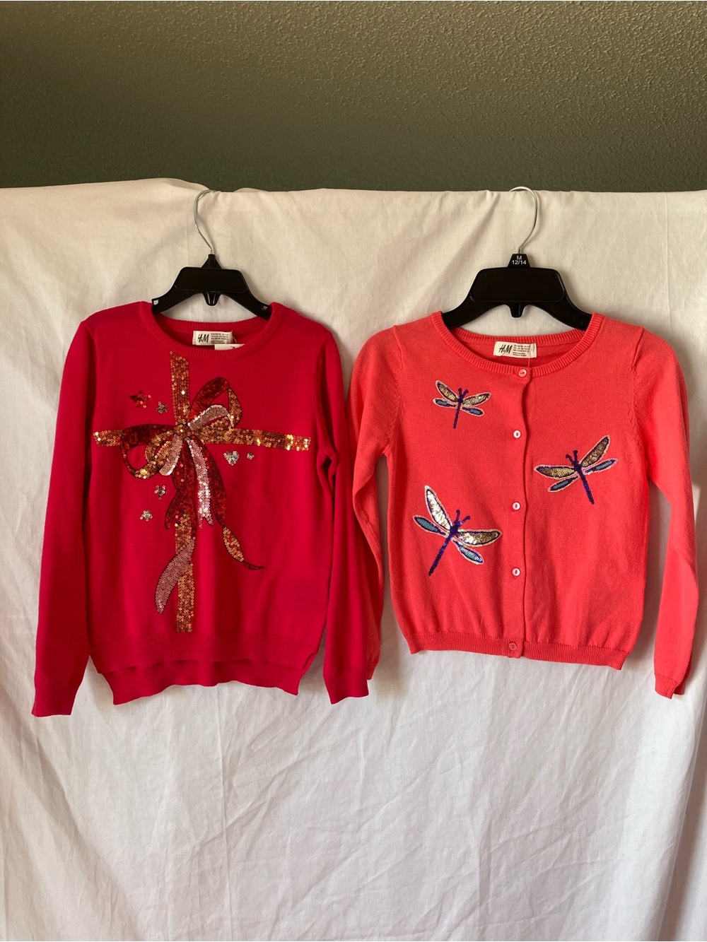 Pair of H&M Girls' Red & Coral Sequin Accent Sweaters size 4-6Y.